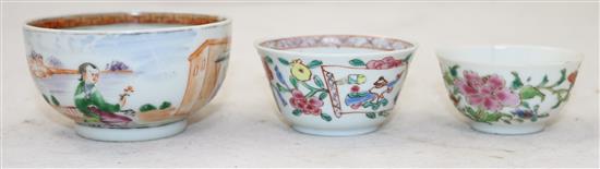 A group of Chinese export polychrome porcelain teabowls, four saucers and a cup, Qianlong period, the cup 8.6cm diameter